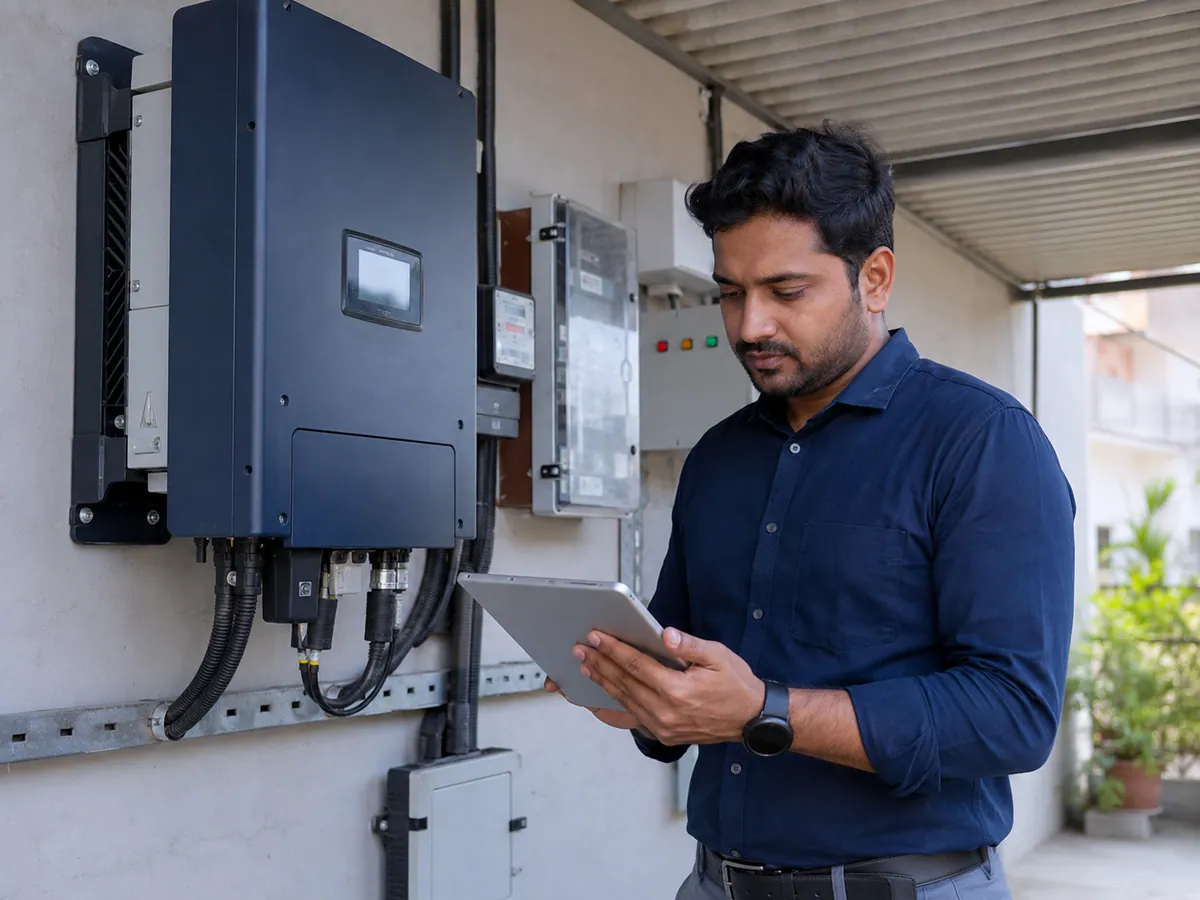 Solar engineer reviewing inverter performance on a tablet