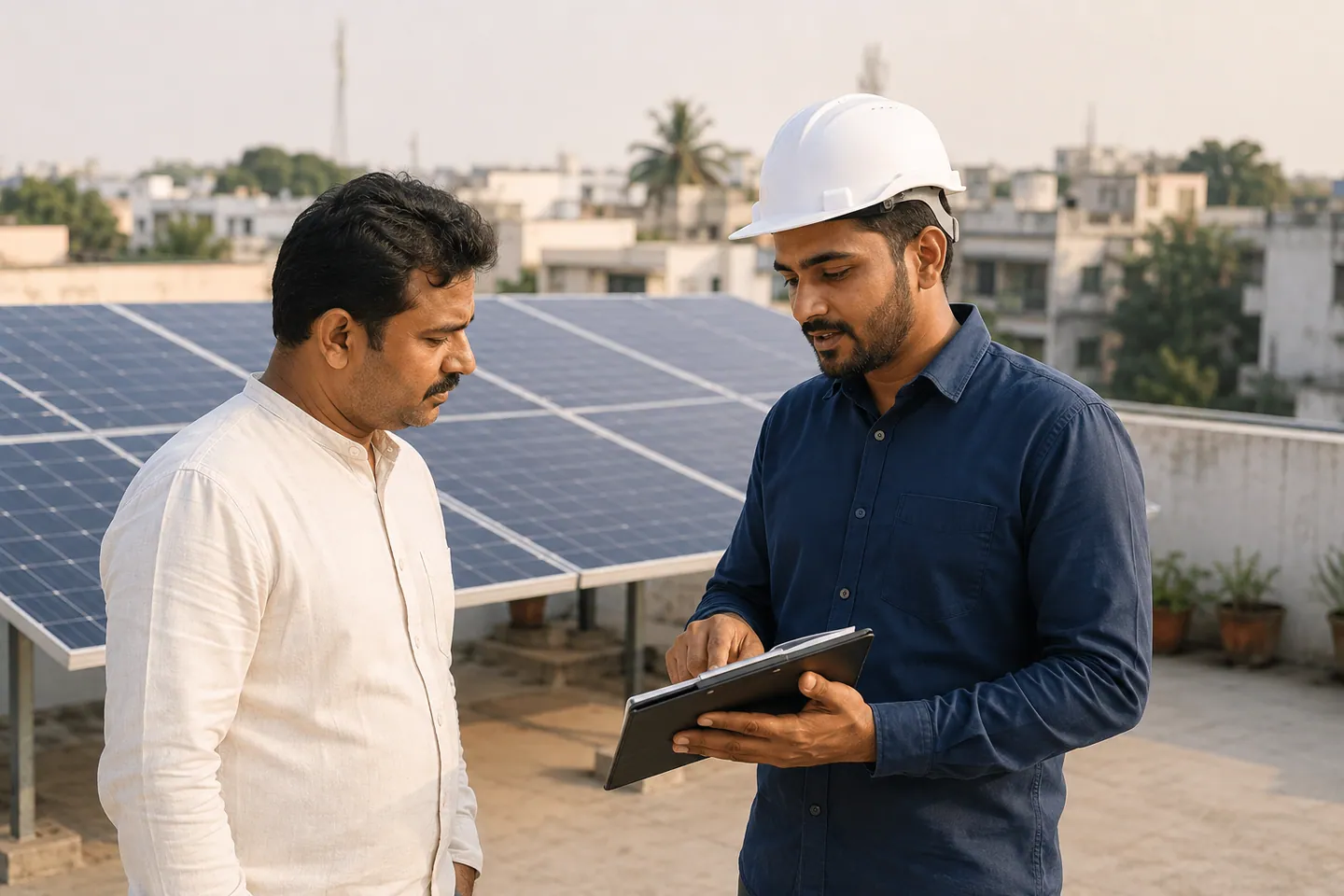Homeowner discussing a rooftop solar plan with a Vaasum engineer