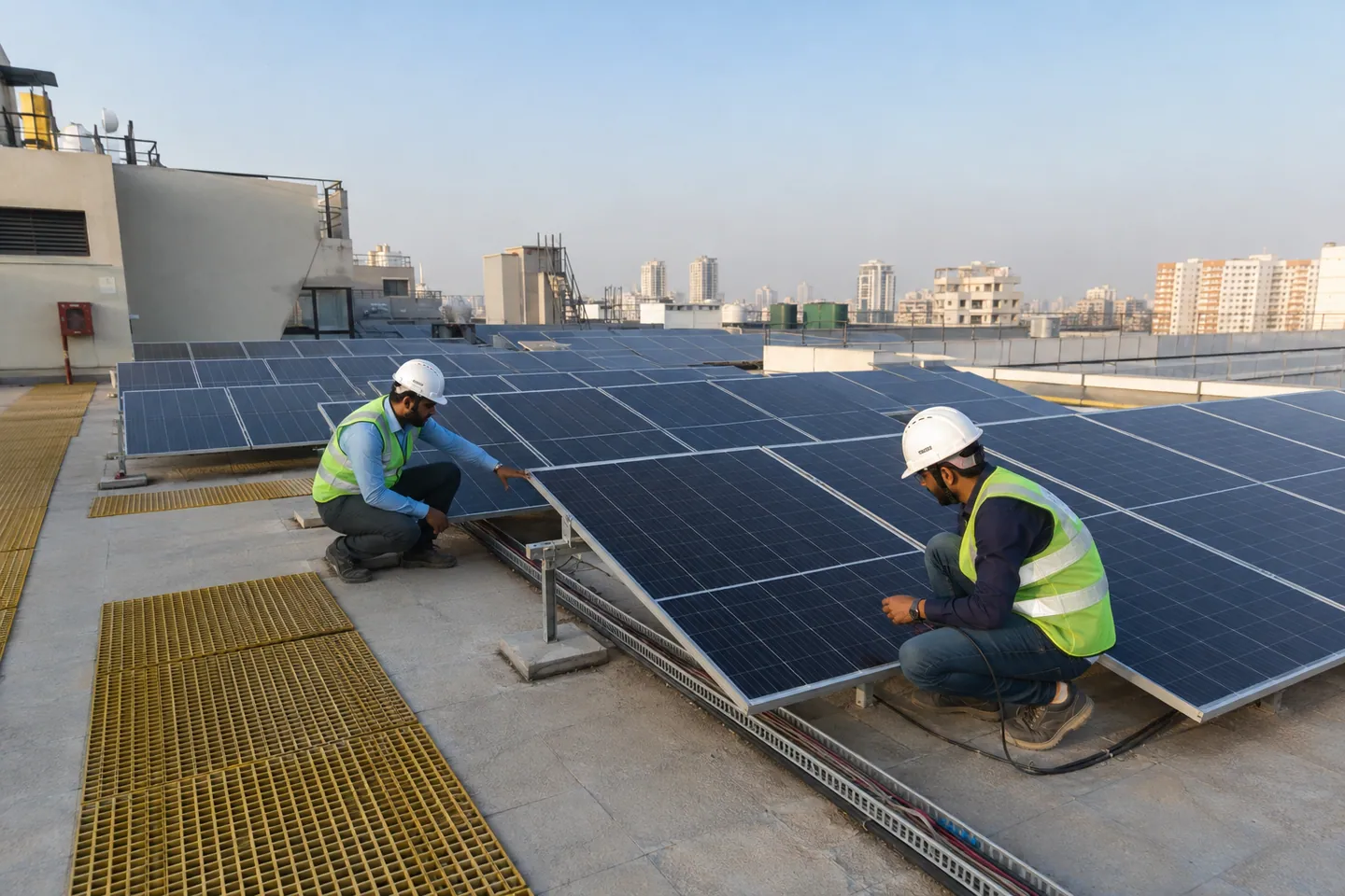 Solar installers securing panels on a commercial rooftop in India