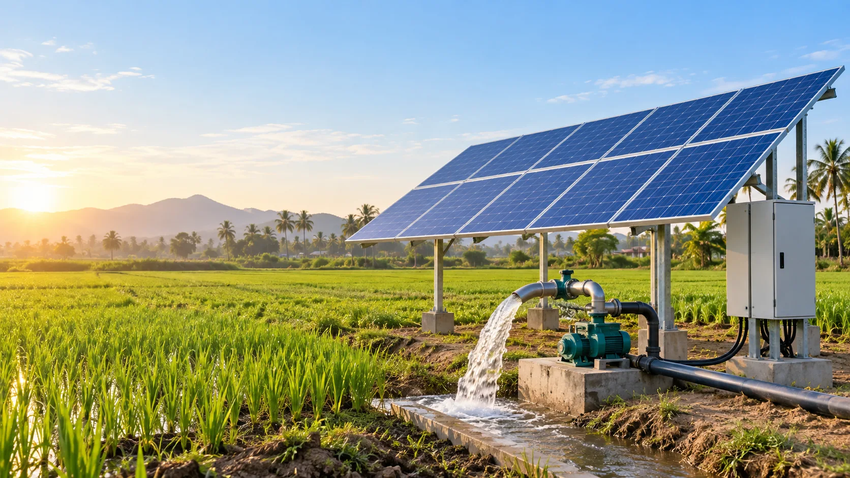 Solar-powered irrigation pump supplying water to a farm field