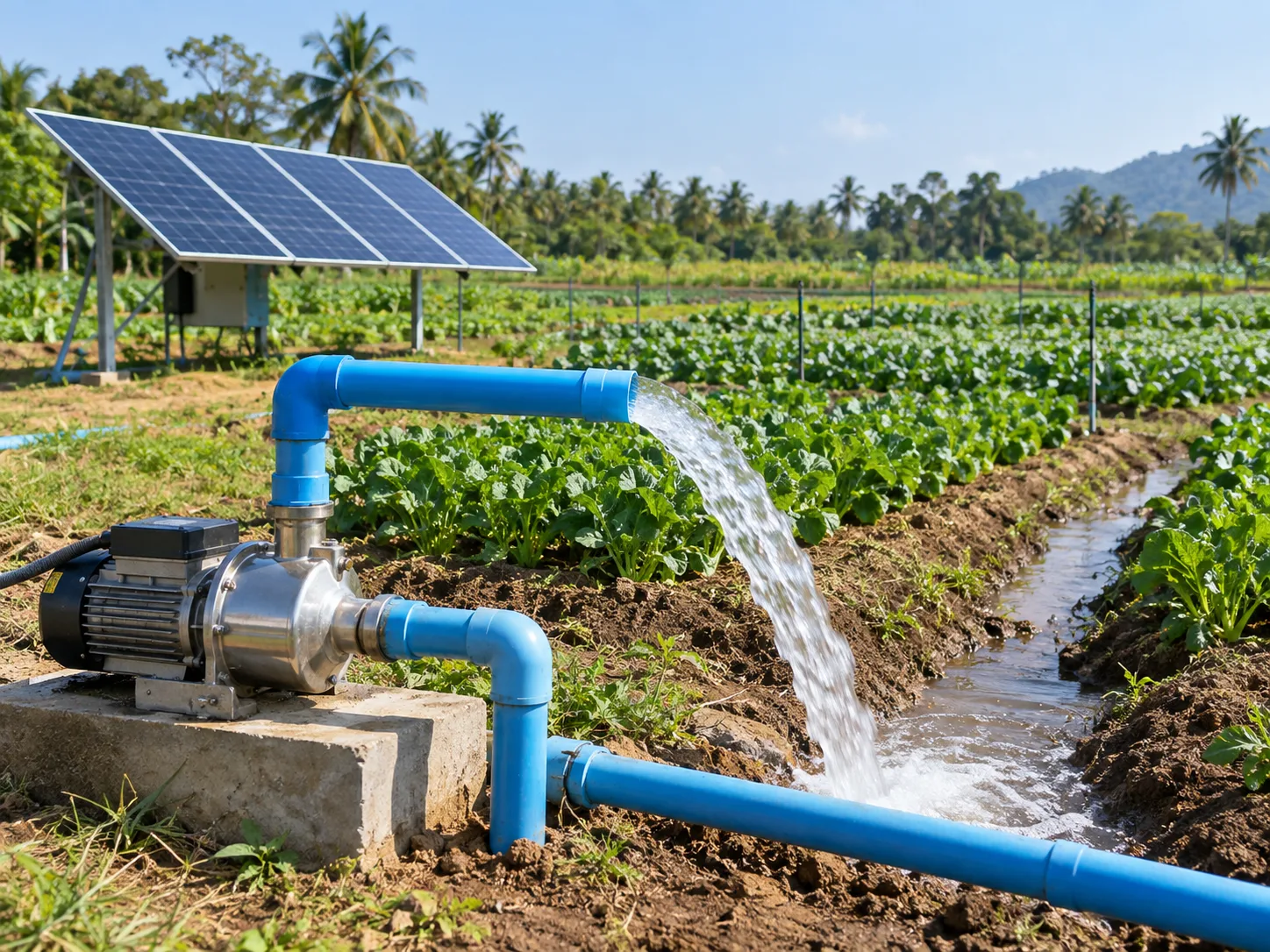 Solar pump supplying water to a vegetable field irrigation channel
