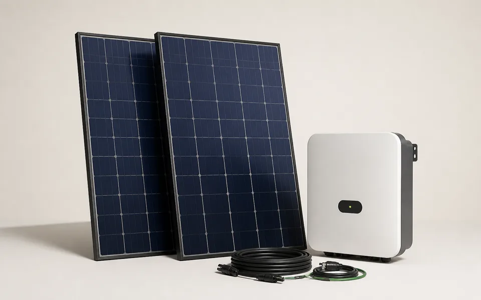 Product-style view of a compact one kilowatt solar package with panels and inverter