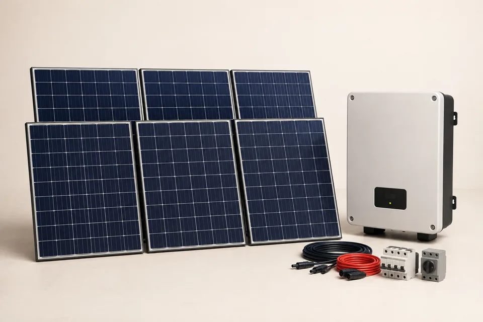 Product-style view of a three kilowatt solar package with panels, inverter and protection equipment