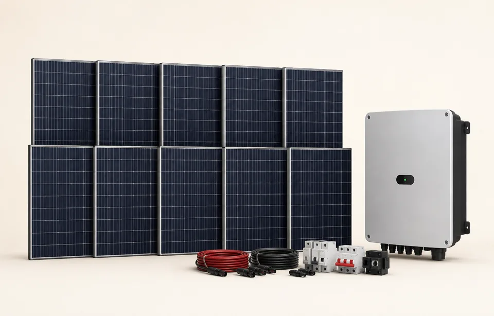 Product-style view of a larger five kilowatt solar package with panels, inverter and protection equipment