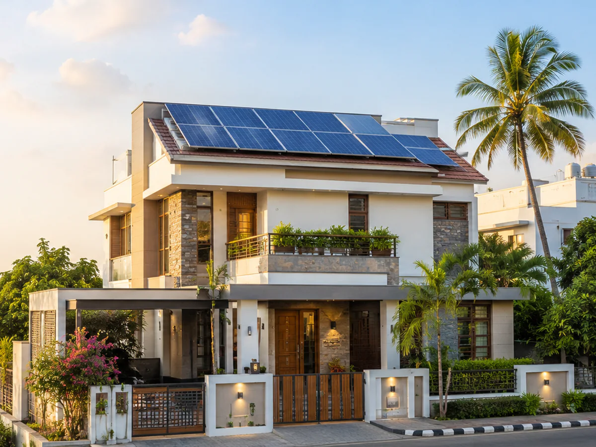 Modern home with rooftop solar panels