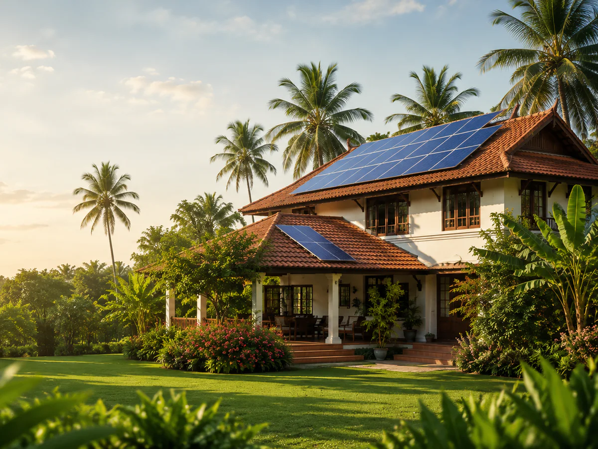 Villa surrounded by palms with solar panels on its roof