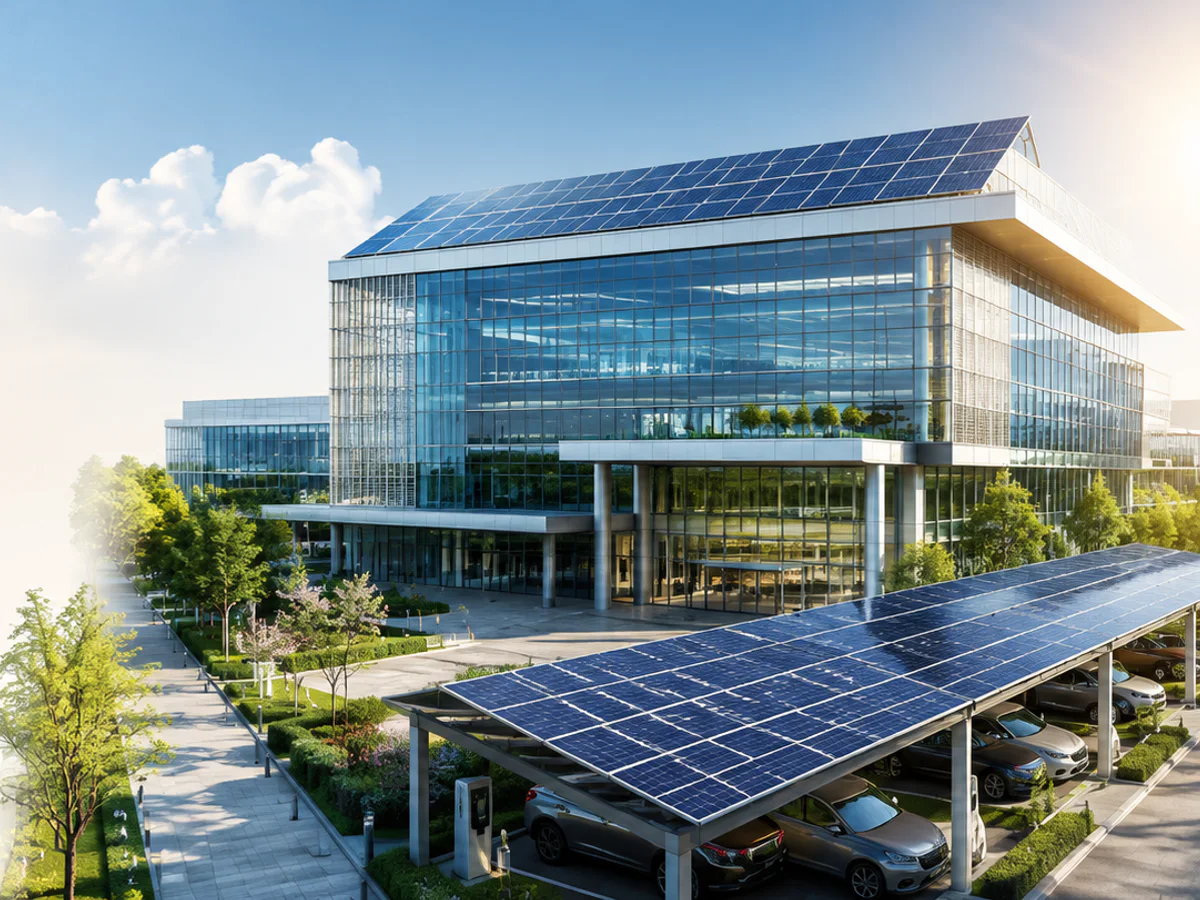 Commercial building and solar-panel car park