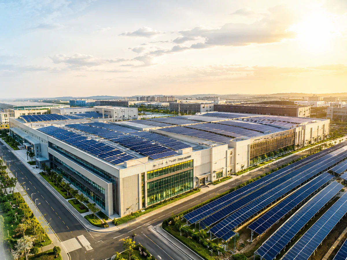 Large industrial facility with extensive rooftop solar arrays