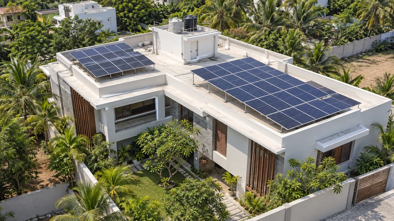 Large rooftop solar array on a contemporary villa